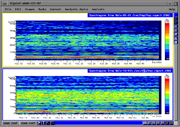 fig.1.3  Same choir and sound excerpt as in fig.1.2, with vocal difference displayed using a spectrogram. 'x' axis=time, 'y'=frequency.